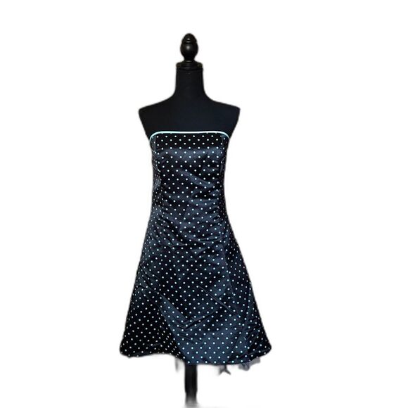 Jessica McClintock Gunne Sax black 90s aqua Polka Dot Strapless Dress 11/12 HoCo - Picture 1 of 15